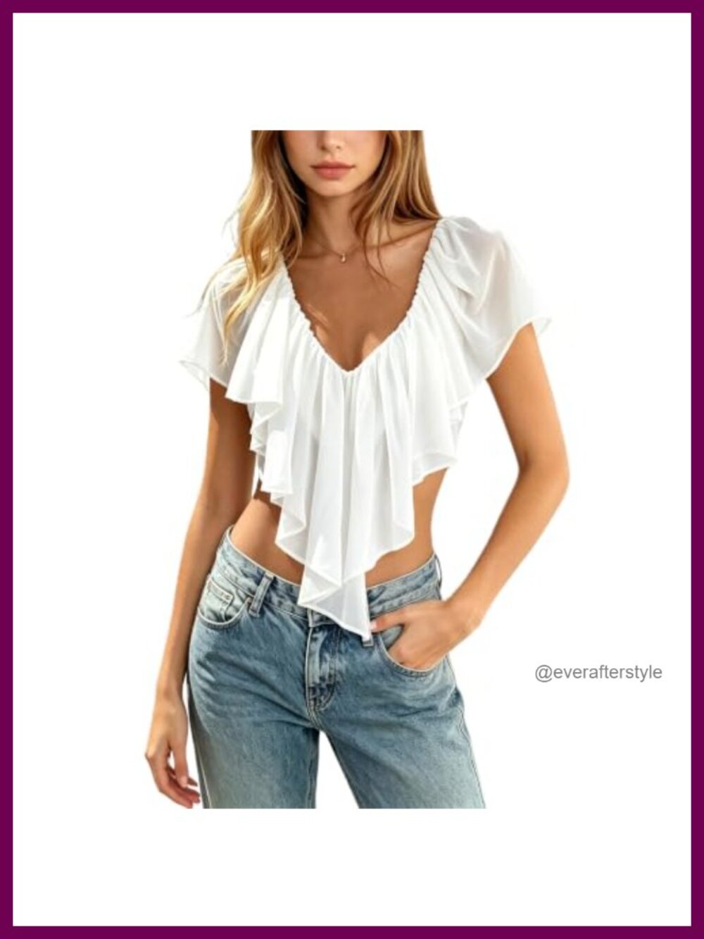 Boho Ruffle Crop Top Sheer Mesh Deep V Neck Flowy Y2K Blouse